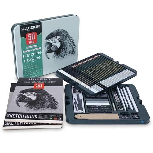 KALOUR Drawing & Sketching Kit (50 Pcs)-Professional Kit With 2 Sketch Books Metal Pencil Case For Artist Contains Charcoal Graphite and Drawing Accessories