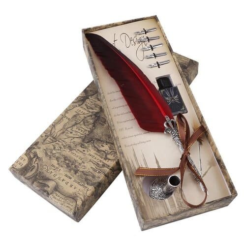 English Calligraphy Feather Dip Quill Pen Writing Ink Set Stationery Gift Box with 5 Nibs (Red)