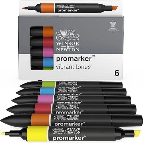 Winsor & Newton Promarker Twin Tip Alcohol-Based Marker (Vibrant Tone - 6 Pcs) , black