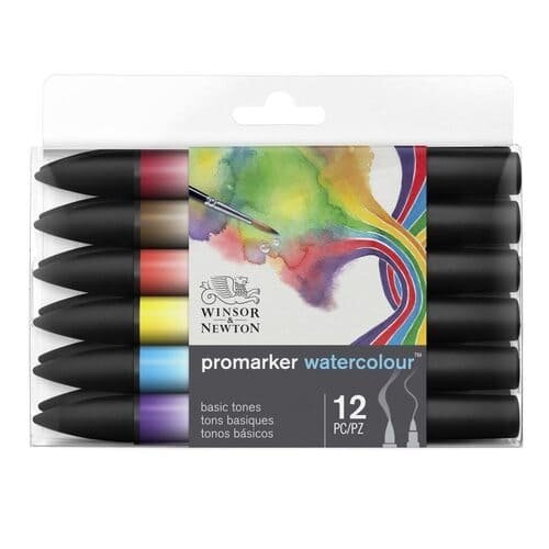 Winsor & Newton Water Colour Marker - Twin Tip - Brush + fine - Water based - Basic Tones Set of 12