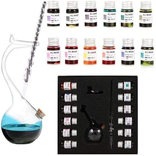 Crystal Glass Dip Fountain Pen with 12 Ink Set And Handmade Borosilicate Glass