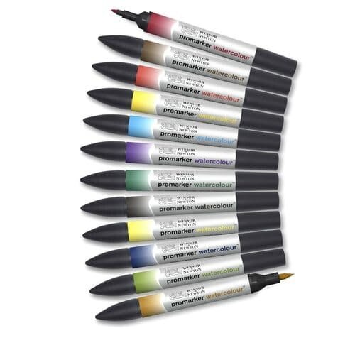 Winsor & Newton Water Colour Marker - Twin Tip - Brush + fine - Water based - Basic Tones Set of 12