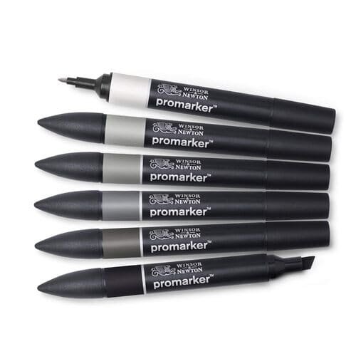 Winsor & Newton Promarker Twin Tip Alcohol-Based Marker (Neutral Tone - 6 pcs) , Black,grey