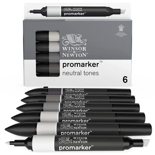 Winsor & Newton Promarker Twin Tip Alcohol-Based Marker (Neutral Tone - 6 pcs) , Black,grey