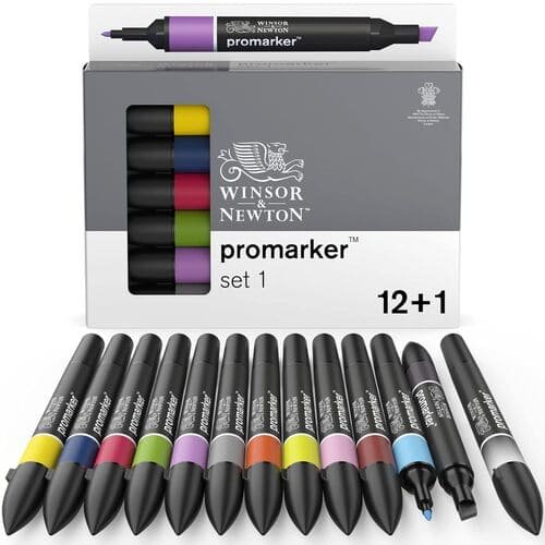 Winsor & Newton Promarker Twin Tip Alcohol-Based Marker (Set 1 (12+1) Markers) , black