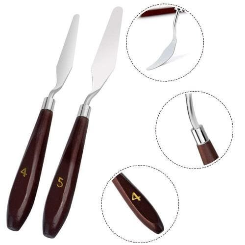 Set of 5 Palette Painting Knives of Various Sizes & Shapes, Stainless Steel Scraper Spatula Polished Brown Handle for Artist Canvas Oil Paint Color Mixing