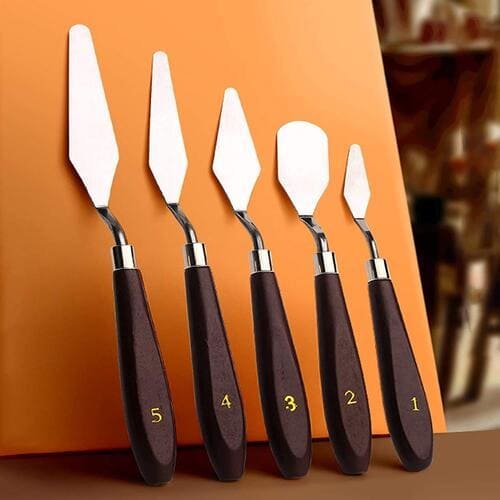 Set of 5 Palette Painting Knives of Various Sizes & Shapes, Stainless Steel Scraper Spatula Polished Brown Handle for Artist Canvas Oil Paint Color Mixing