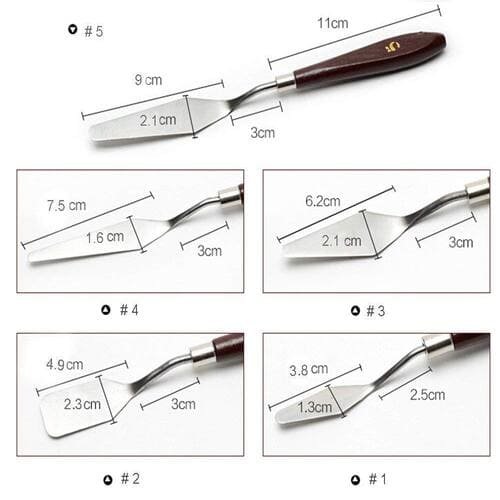 Set of 5 Palette Painting Knives of Various Sizes & Shapes, Stainless Steel Scraper Spatula Polished Brown Handle for Artist Canvas Oil Paint Color Mixing