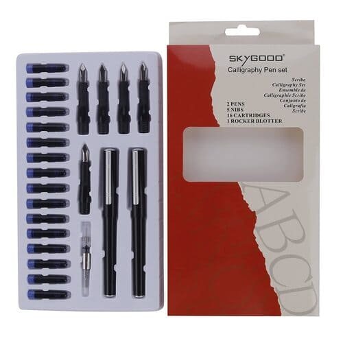 Professional Calligraphy Set With 5 Nibs,16 Ink Cartridges&2 Pens,Black