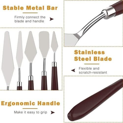 Set of 5 Palette Painting Knives of Various Sizes & Shapes, Stainless Steel Scraper Spatula Polished Brown Handle for Artist Canvas Oil Paint Color Mixing