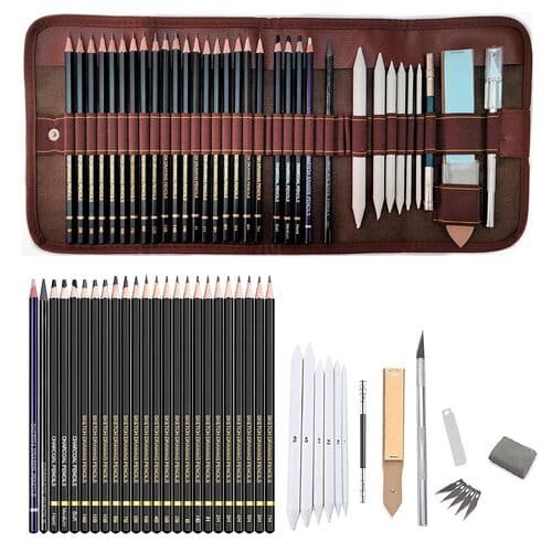 Art Sketching Kit Graphite Charcoal Drawing Pencil Set for Artist Kit Painting Shading Sketch Kit for Kids and Adults with Roll-up Case (35 Pcs)