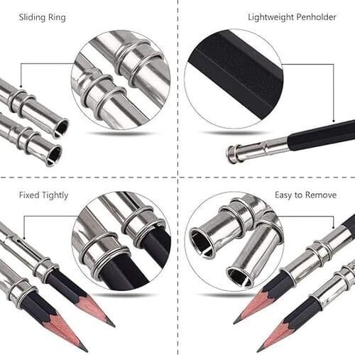 Pencil Extender/Lengthener With Metal Heads,Adjustable Handy Pencil Holder For Schools, Office, Eyeliners, Sketching, Writing And Diy Art & Crafts, Multicolor