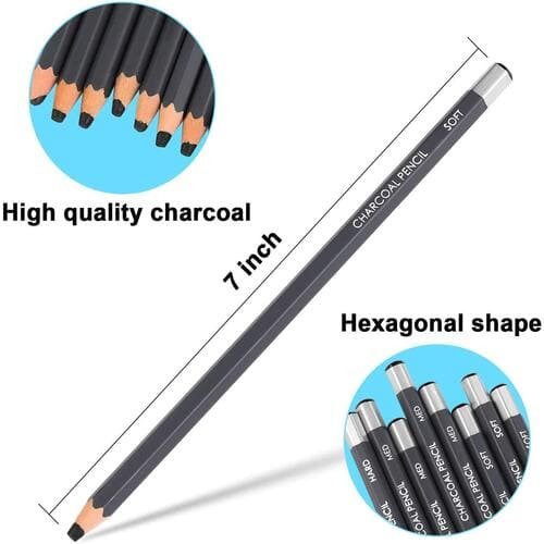 Professional Charcoal Pencils Drawing Set - 12 Pieces Soft Medium and Hard Charcoal Pencils for Drawing, Sketching, Shading, Artist Pencils for Beginners & Artists