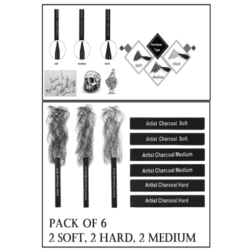 Compressed Charcoal Sticks For Shading Soft, Medium & Hard and 3 Pcs Black