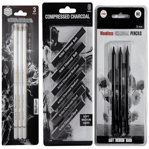 3 Pcs White Medium Charcoal Pencil, 6 Pcs Compressed Charcoal Sticks For Shading Soft, Medium & Hard and 3 Pcs Black Woodless Charcoal Pencils Set- Soft, Medium and Hard